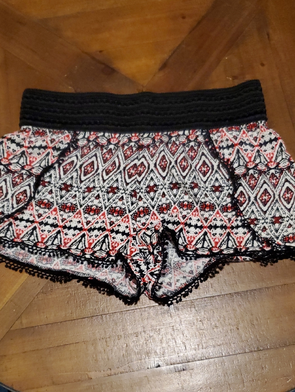 No Boundaries Black, White & Red Patterned Crochet-Trim Shorts